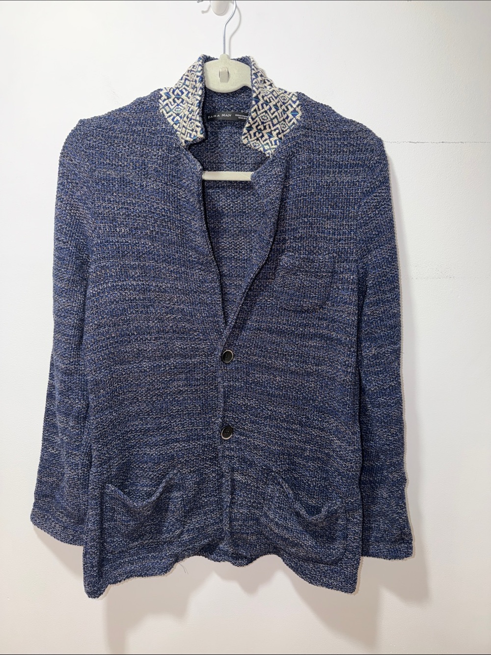 ZARA Mens Blue Aztec Collared Knit Cardigan Sweater‎ Pockets Preppy Academia Med